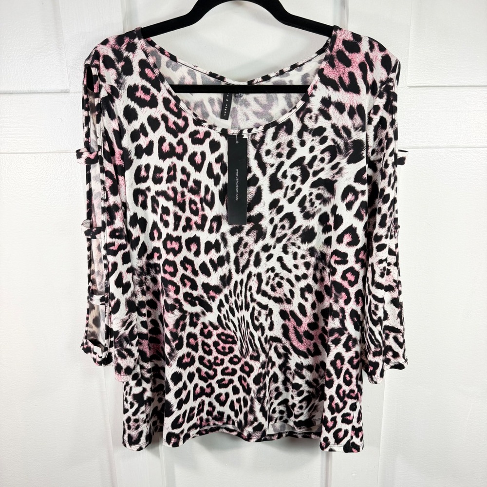 Zero 2 Eight Pink Leopard Print Ladder Sleeve Scoop Neck Top XL NWT‎